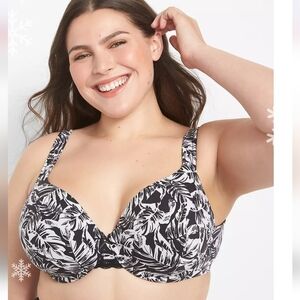 Cacique Black White Leaf Print Bra Lightly Lined full coverage 42 DDD